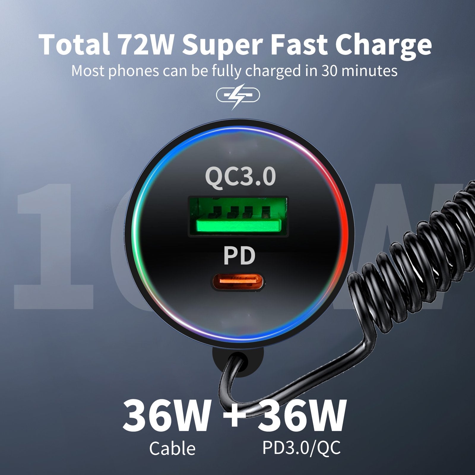 72W USB C Car Charger, 3-Port Fast Charger Adapter with Dual 36W PD & QC3.0, Multi-Protection Compact Car Charger for iPhone Samsung Google Pixel iPad Switch - 12V/24V Vehicles