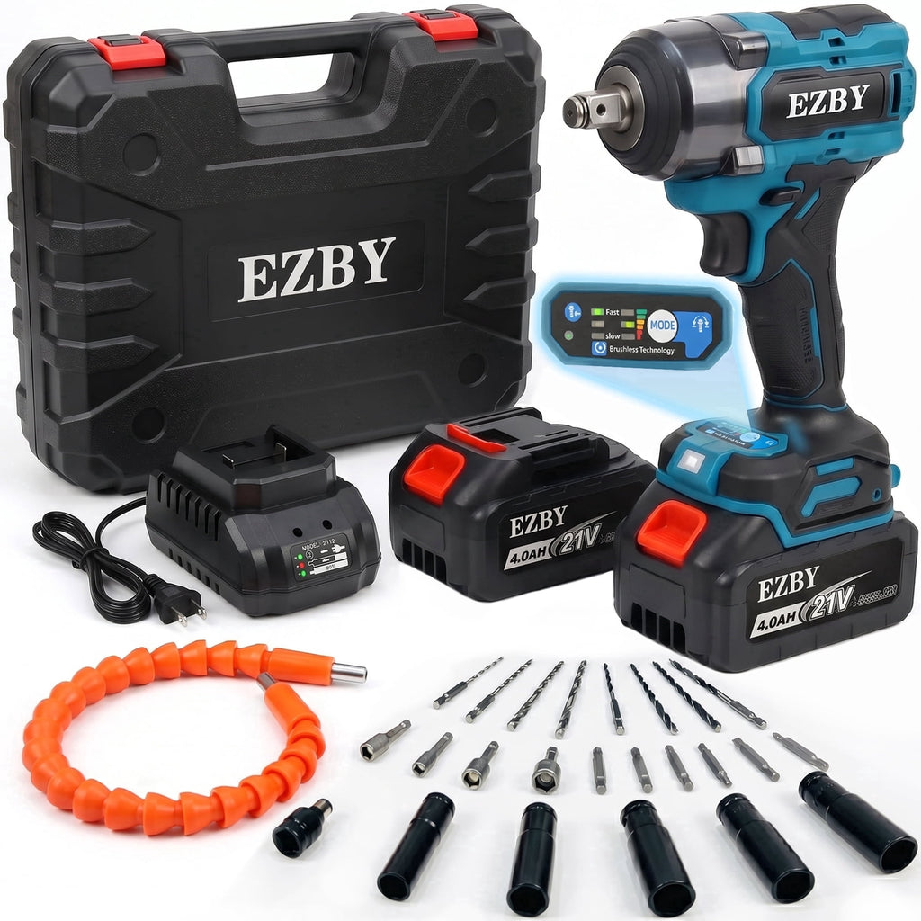 EZBY Cordless Impact Wrench Kit, 664 FT-lbs(900N.m) Max Torque, 1/2" Heavy-Duty Brushless Motor, 21V Electric Impact Gun & Driver Tool Set with 2x 4.0Ah Batteries for Car Home Repair