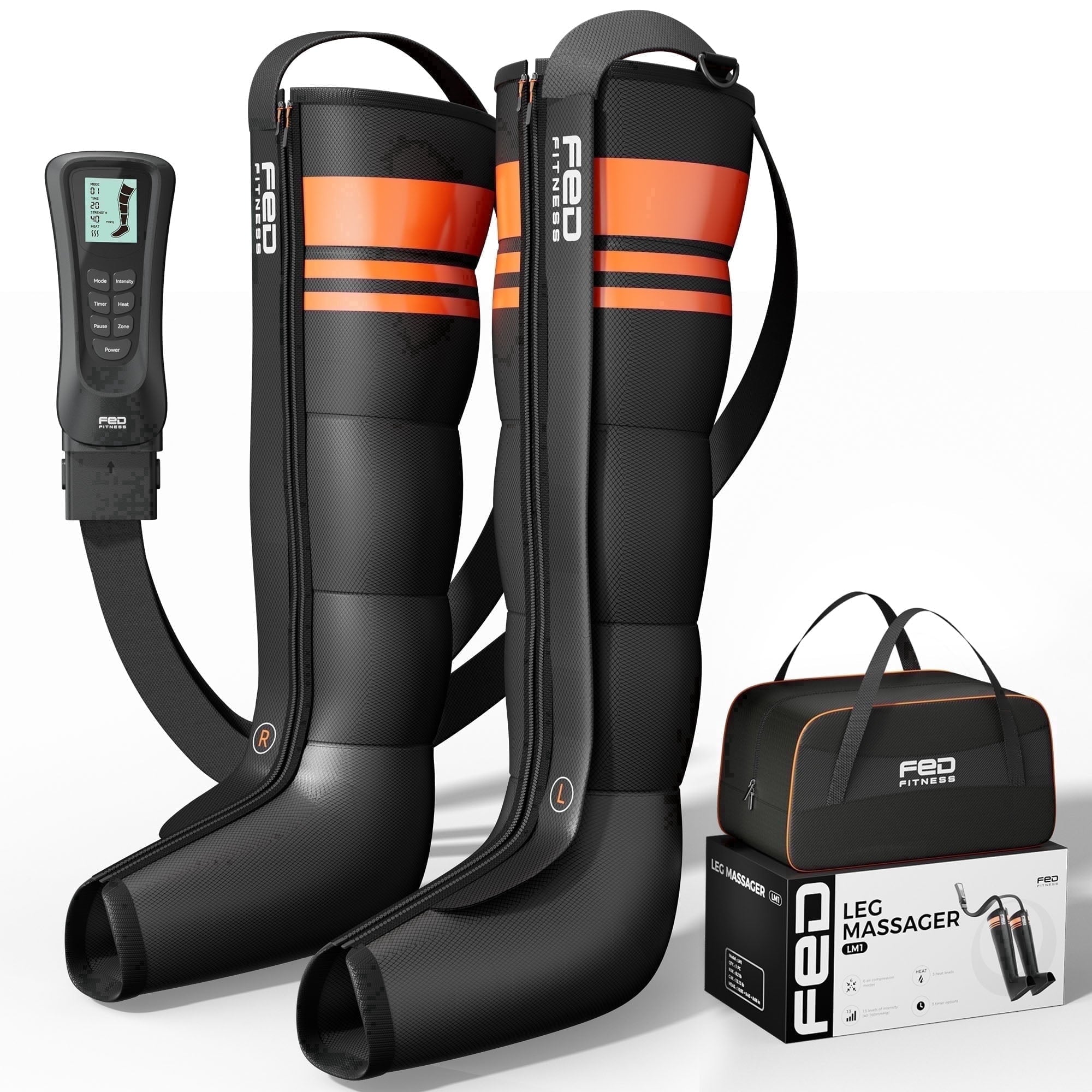 FED Fitness Compression Boots, 6 Modes & 13 Levels , 3 Timing&Heat, 5 Airbags 360° Coverage, Adjustable with Washable Liner for Leg Massage, L Size