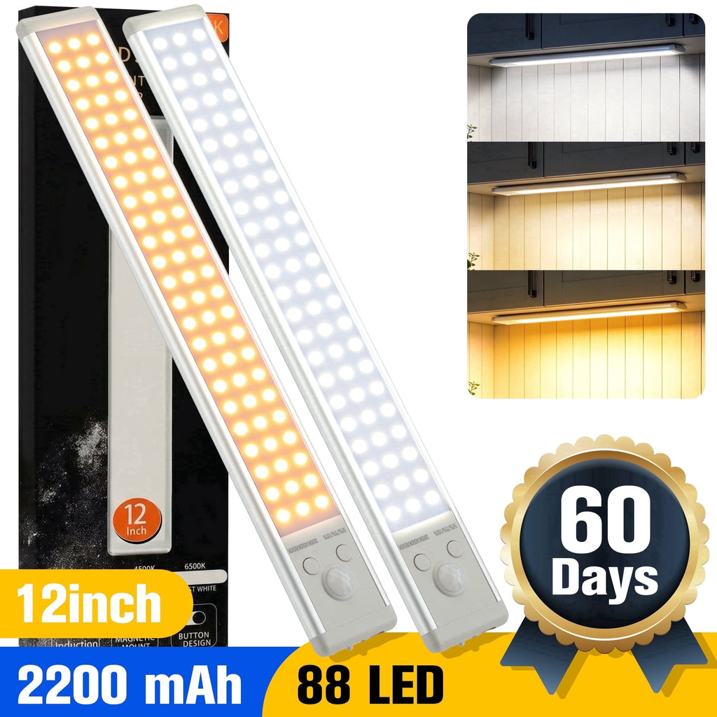YTAKY Under Cabinet Lighting , 12-Inch 88-LED, Motion Sensor Closet Light, USB Rechargeable Magnetic Strip, Wireless for Wardrobe Kitchen, 2 Pack