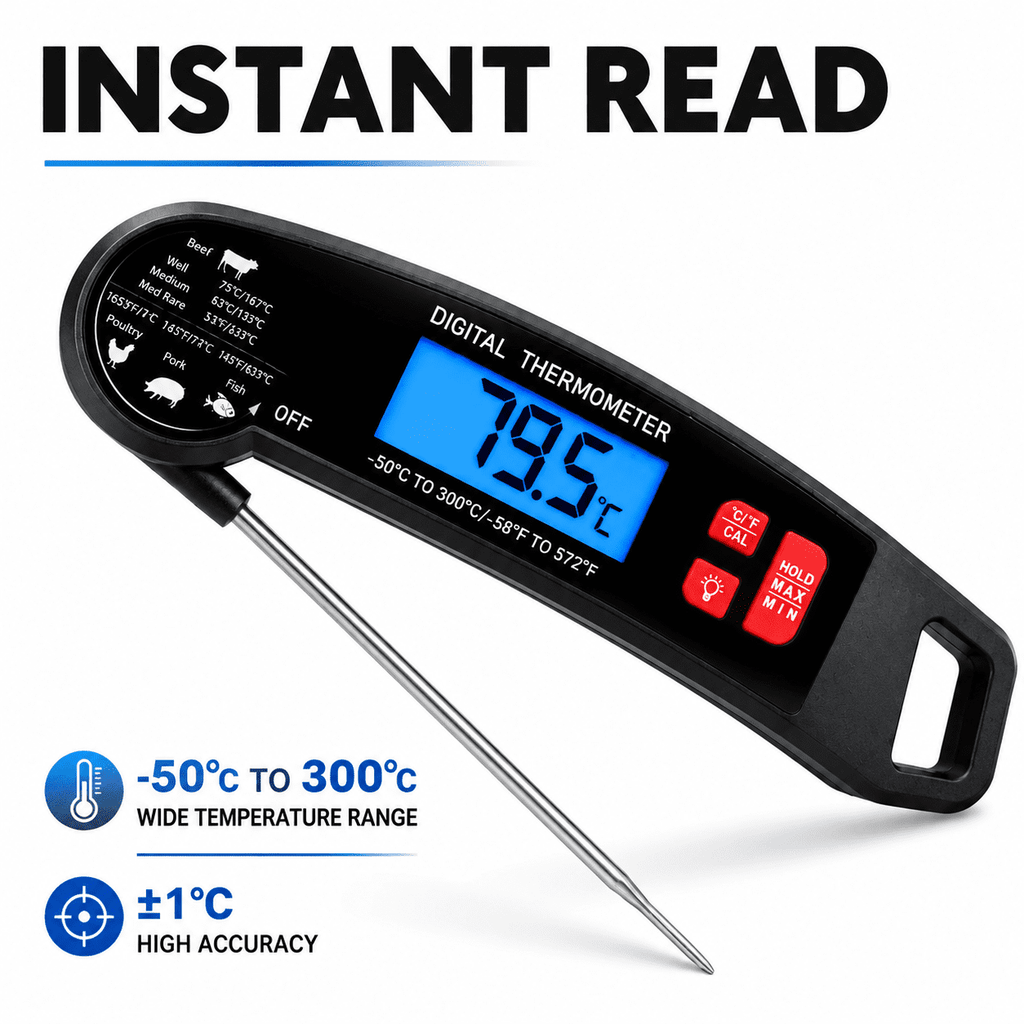 YTAKY Meat Thermometer, 2-Second Instant Read Waterproof Digital Food Thermometer with -58 to 572°F Range & Backlight for Grilling BBQ Oven Cooking, Black