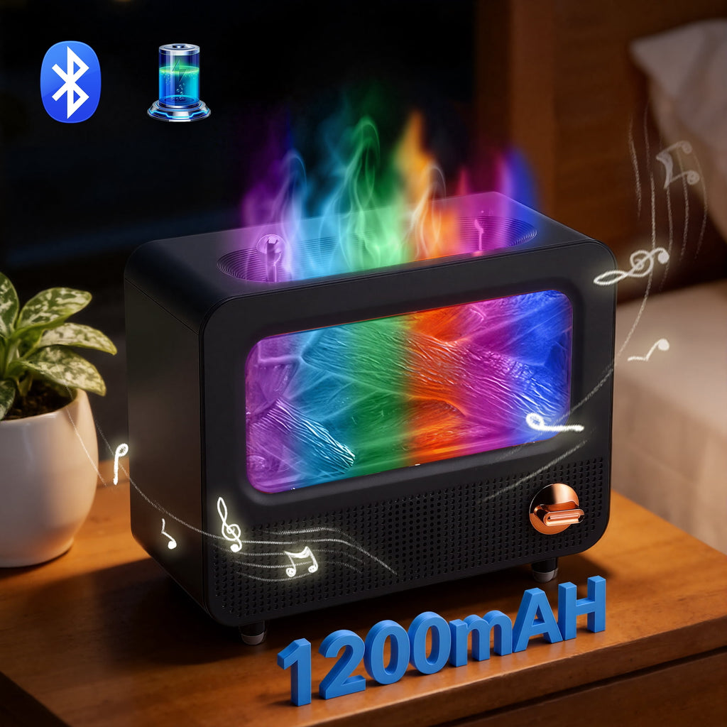 YTAKY Essential Oil Diffuser, 260ml Max, Dynamic Fire Flame, Bluetooth Connect, White Noise, Cool Mist Oil Diffuser for Home with 7 Color Lights, Black