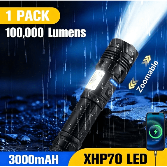 YTAKY Flashlight, 100000 Lumens Super Bright XHP70.2 Flashlight, 3000mAh USB Rechargeable, Zoomable IPX6 Waterproof Torch for Hiking Hunting Camping