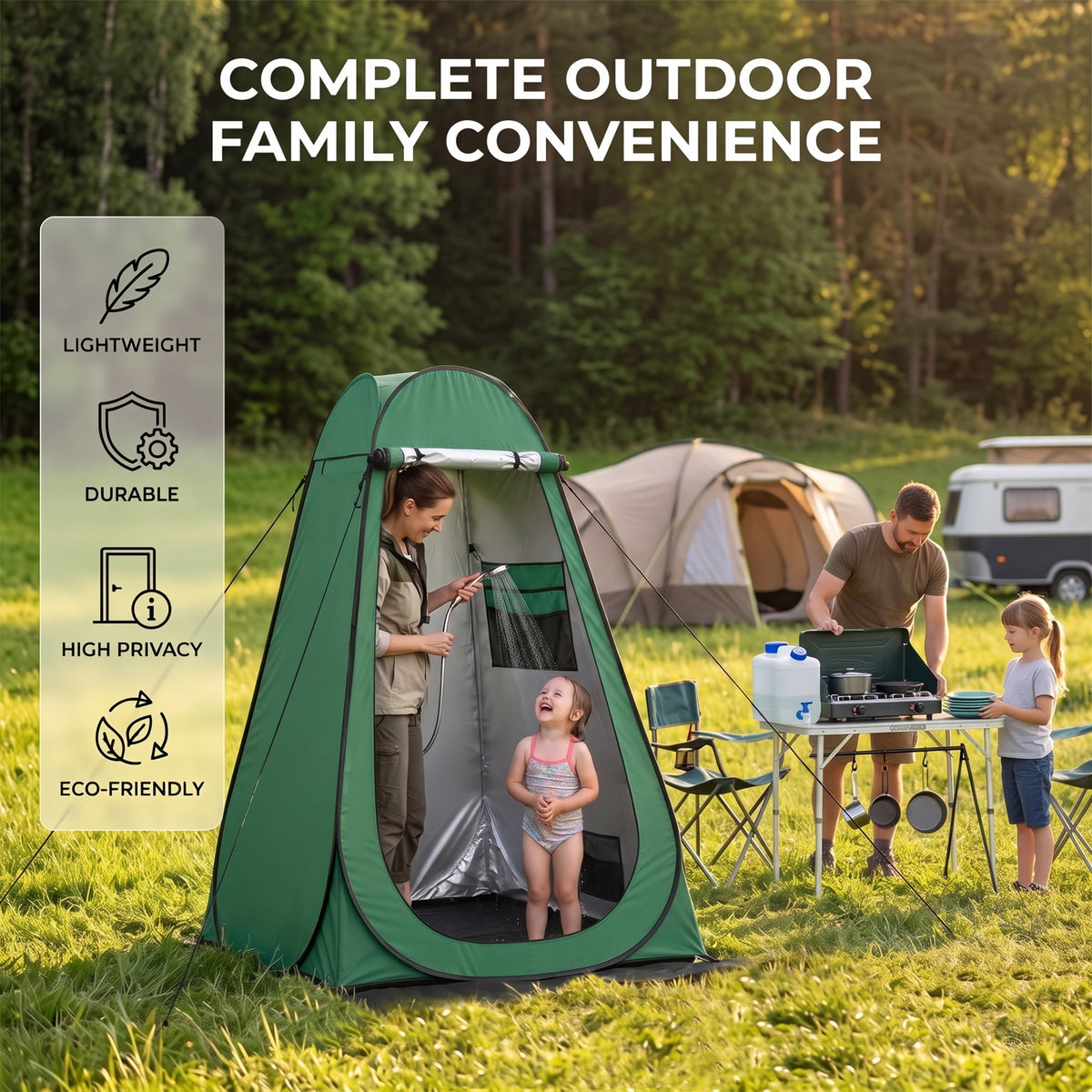 EZBY Camping Shower Tent,Pop Up Privacy Tent, Portable Outdoor Camp Toilet Changing Room,Shelter with Rainfly, Sandbags and Removable Floor for Camping Beach Hiking Travelling,Dark Green