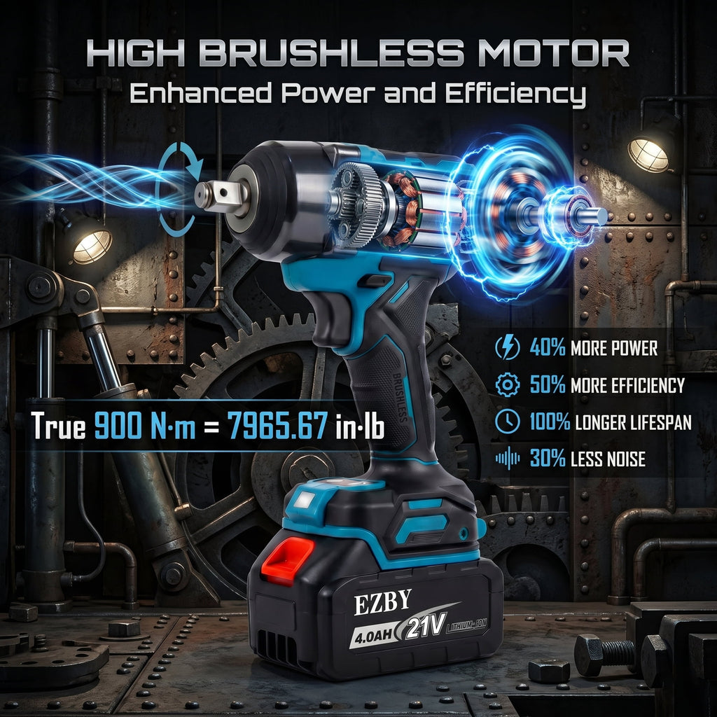EZBY Cordless Impact Wrench Kit, 664 FT-lbs(900N.m) Max Torque, 1/2" Heavy-Duty Brushless Motor, 21V Electric Impact Gun & Driver Tool Set with 2x 4.0Ah Batteries for Car Home Repair