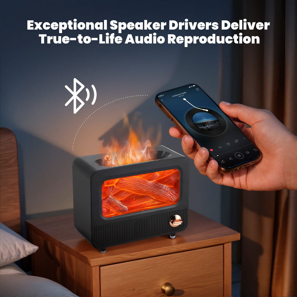 YTAKY Essential Oil Diffuser, 260ml Max, Dynamic Fire Flame, Bluetooth Connect, White Noise, Cool Mist Oil Diffuser for Home with 7 Color Lights, Black